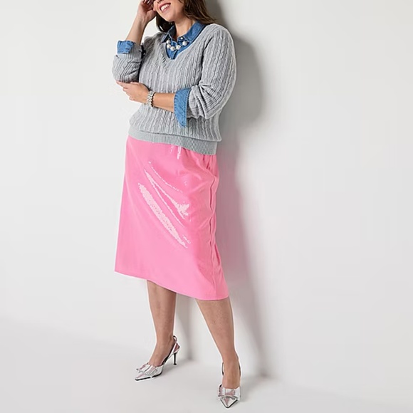 Skirt 1X 2X - Pink Sequins Midi A-Line Pull On Plus Size Coquette Barbiecore New - Picture 3 of 4